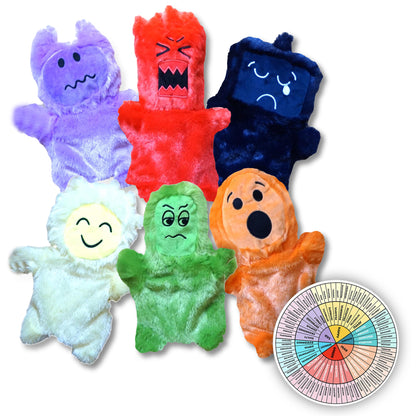 Emotional Hand Puppets for Kids - Mindfulness Tools - Social Skills & Sensory Play Therapy Set with Emotion Wheel Magnet (6 Puppets)