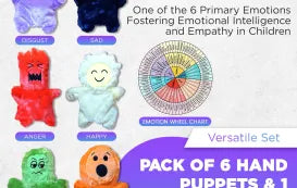 Emotional Hand Puppets for Kids - Mindfulness Tools - Social Skills & Sensory Play Therapy Set with Emotion Wheel Magnet (6 Puppets)