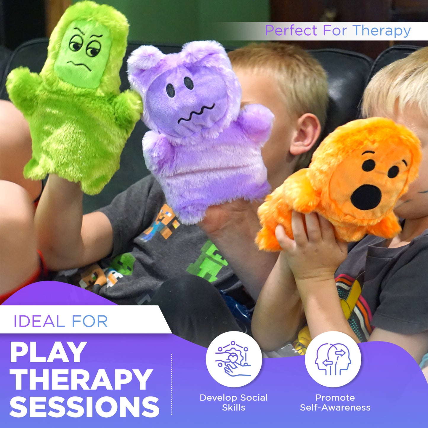 Emotional Hand Puppets for Kids - Mindfulness Tools - Social Skills & Sensory Play Therapy Set with Emotion Wheel Magnet (6 Puppets)